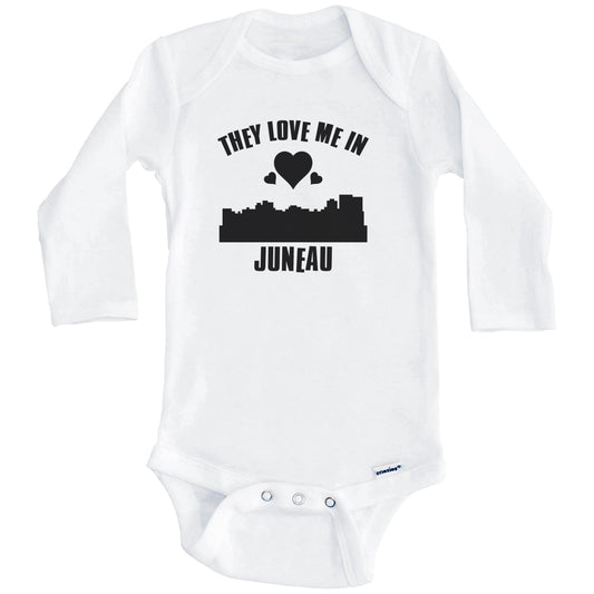 They Love Me In Juneau Alaska Hearts Skyline One Piece Baby Bodysuit (Long Sleeves)