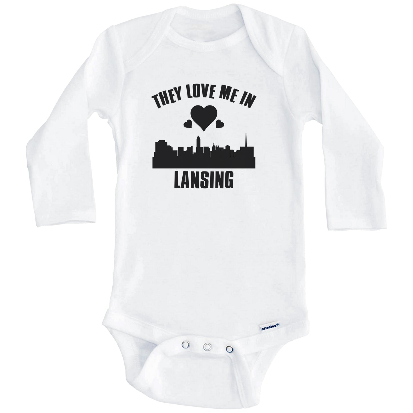 They Love Me In Lansing Michigan Hearts Skyline One Piece Baby Bodysuit (Long Sleeves)