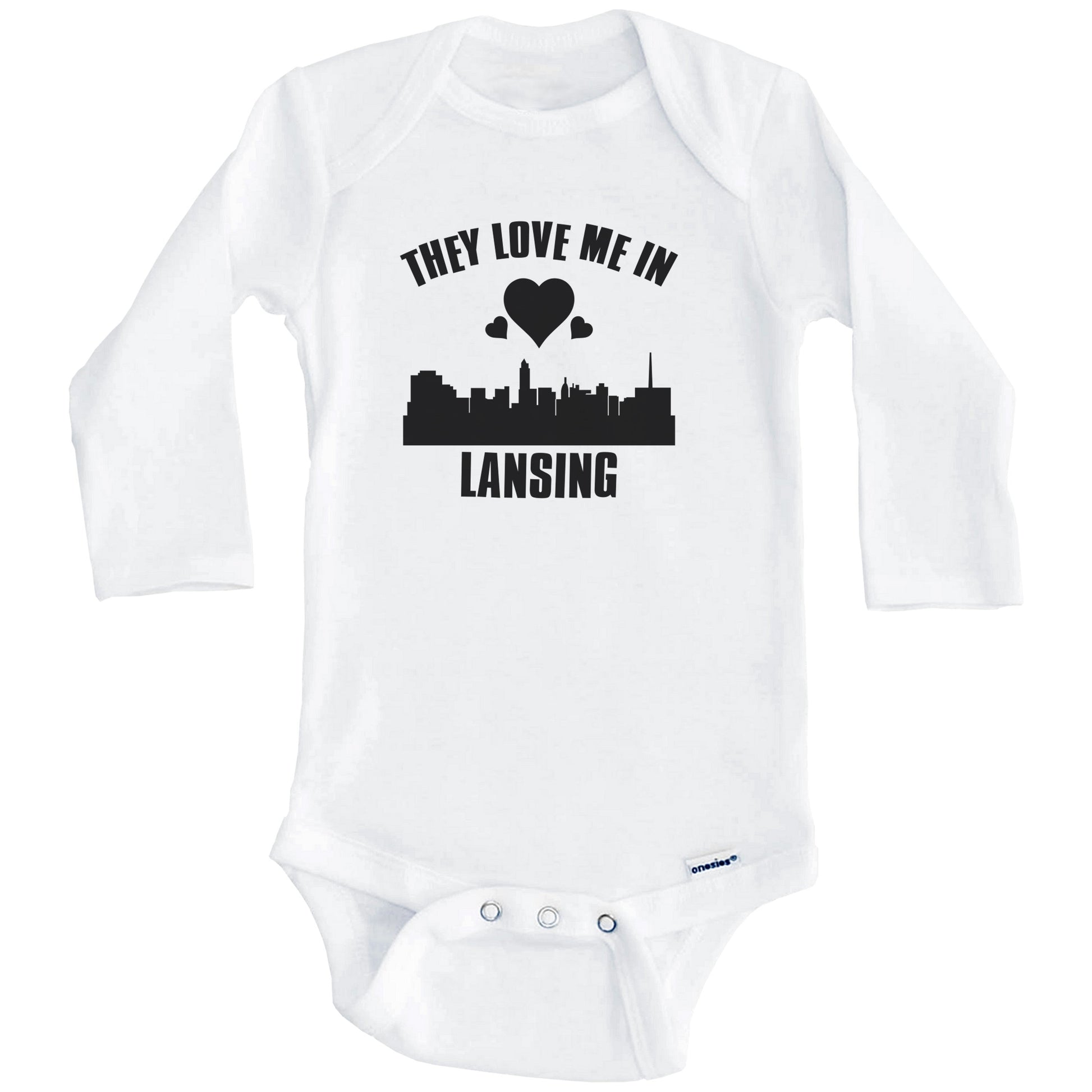 They Love Me In Lansing Michigan Hearts Skyline One Piece Baby Bodysuit (Long Sleeves)