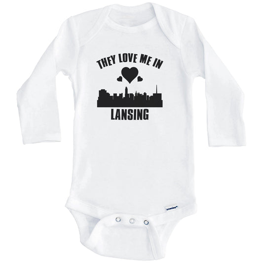 They Love Me In Lansing Michigan Hearts Skyline One Piece Baby Bodysuit (Long Sleeves)