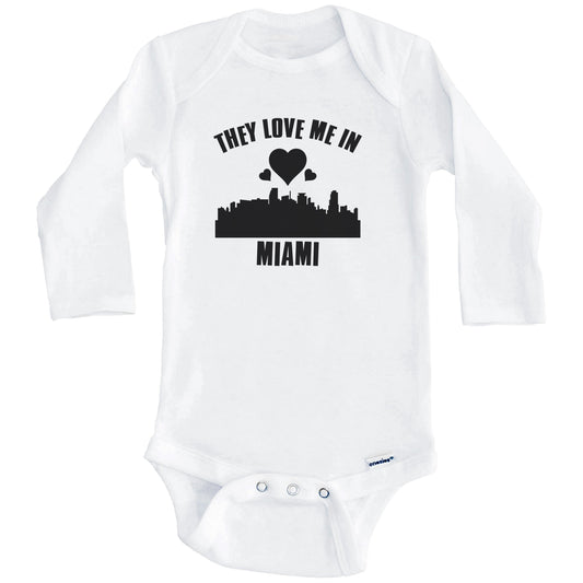 They Love Me In Miami Florida Hearts Skyline One Piece Baby Bodysuit (Long Sleeves)