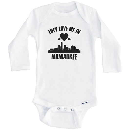 They Love Me In Milwaukee Wisconsin Hearts Skyline One Piece Baby Bodysuit (Long Sleeves)