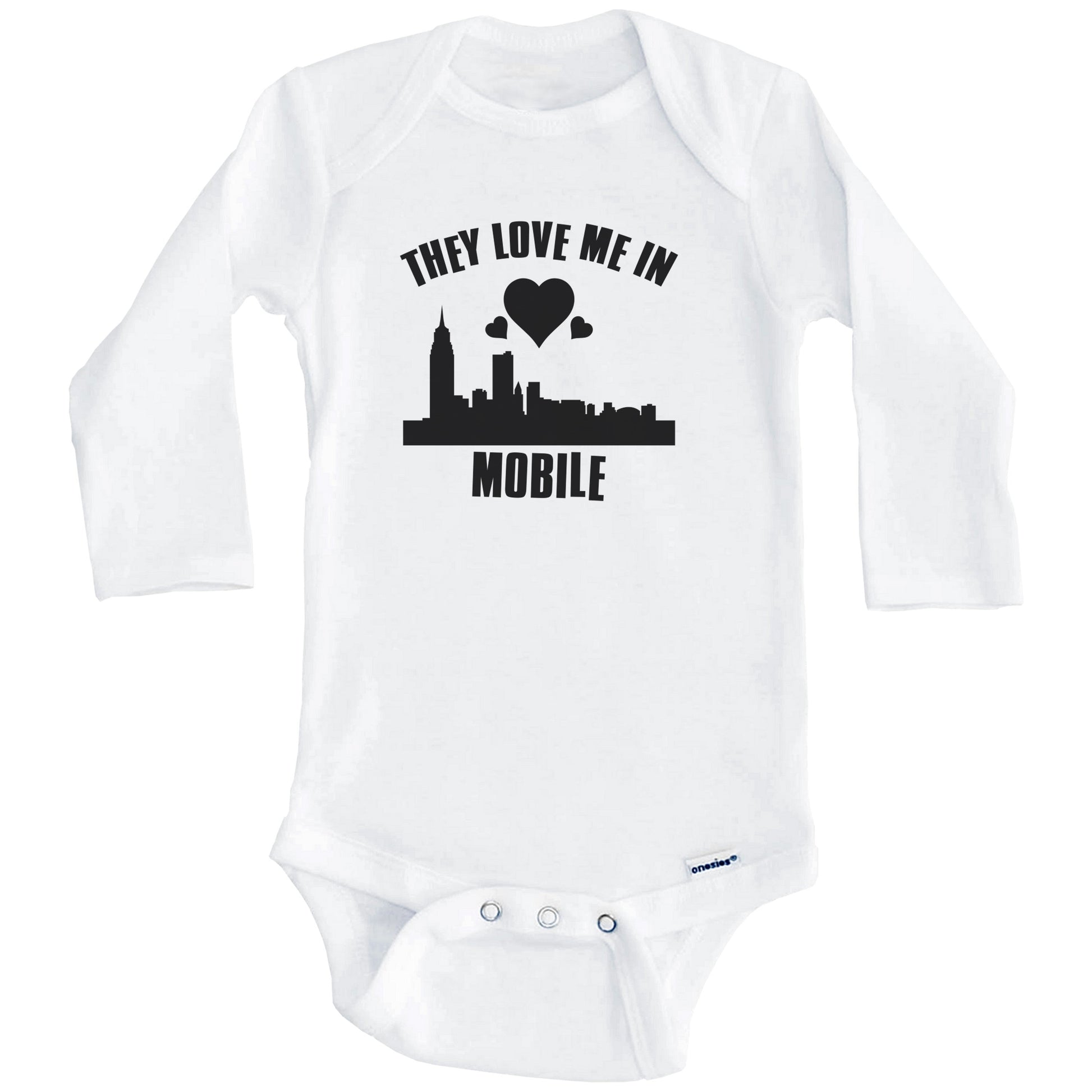 They Love Me In Mobile Alabama Hearts Skyline One Piece Baby Bodysuit (Long Sleeves)
