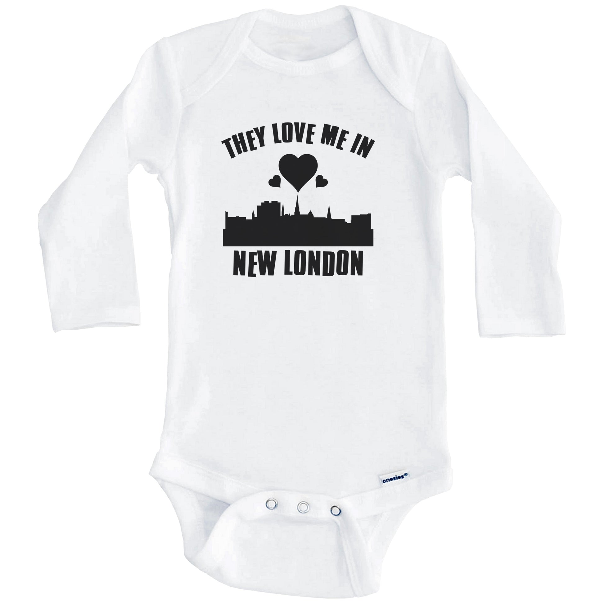 They Love Me In New London Connecticut Hearts Skyline One Piece Baby Bodysuit (Long Sleeves)