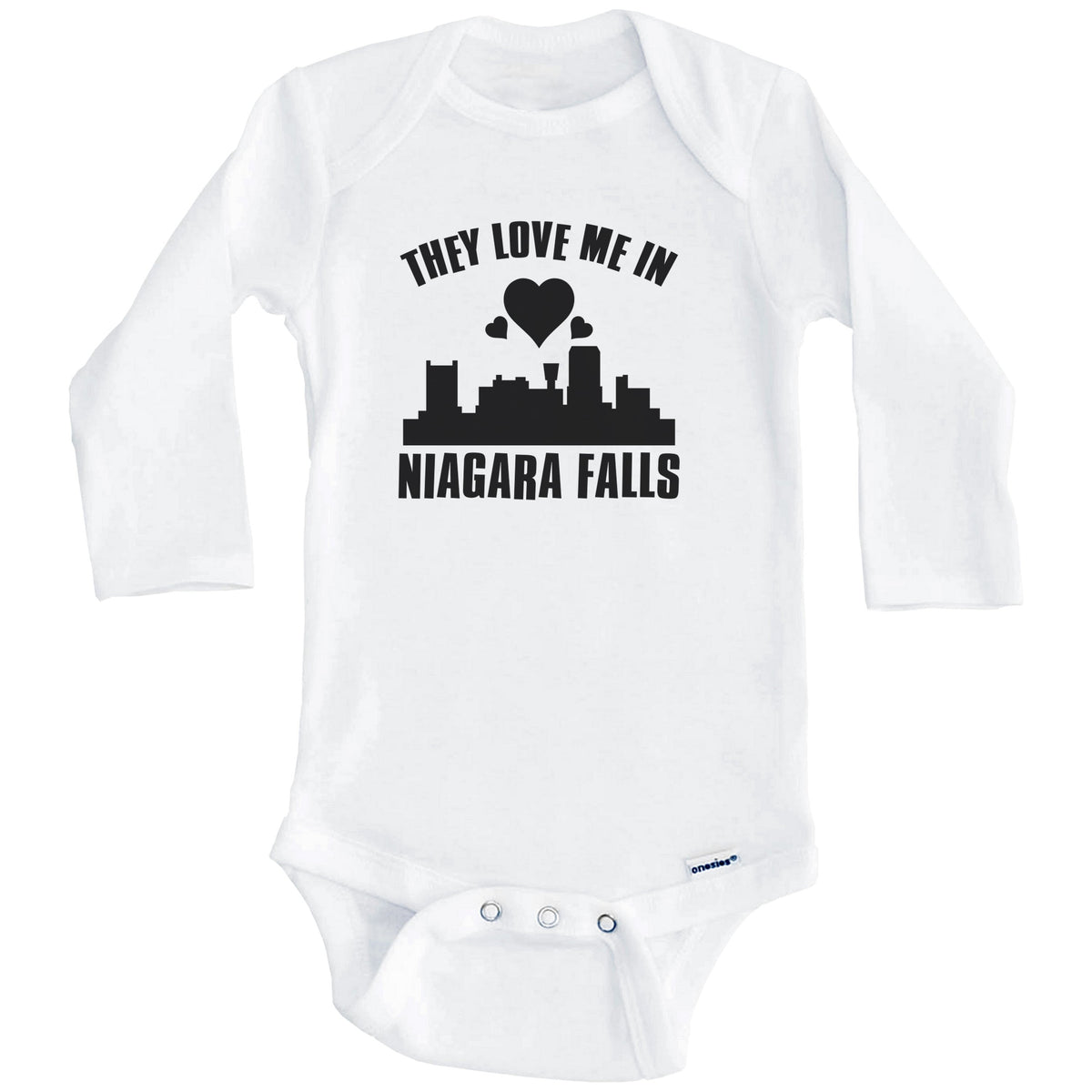 They Love Me In Niagara Falls New York Hearts Skyline One Piece Baby Bodysuit (Long Sleeves)