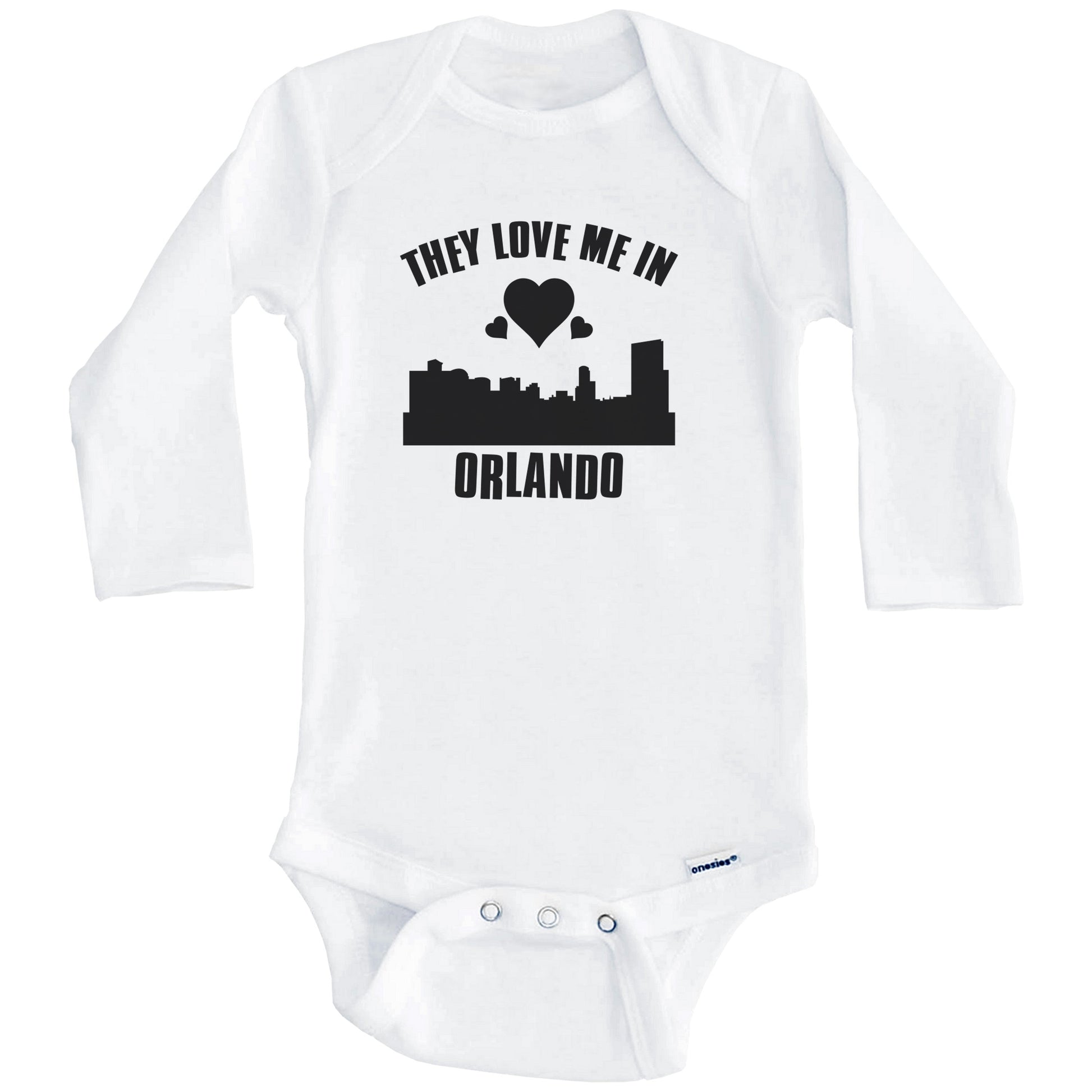 They Love Me In Orlando Florida Hearts Skyline One Piece Baby Bodysuit (Long Sleeves)