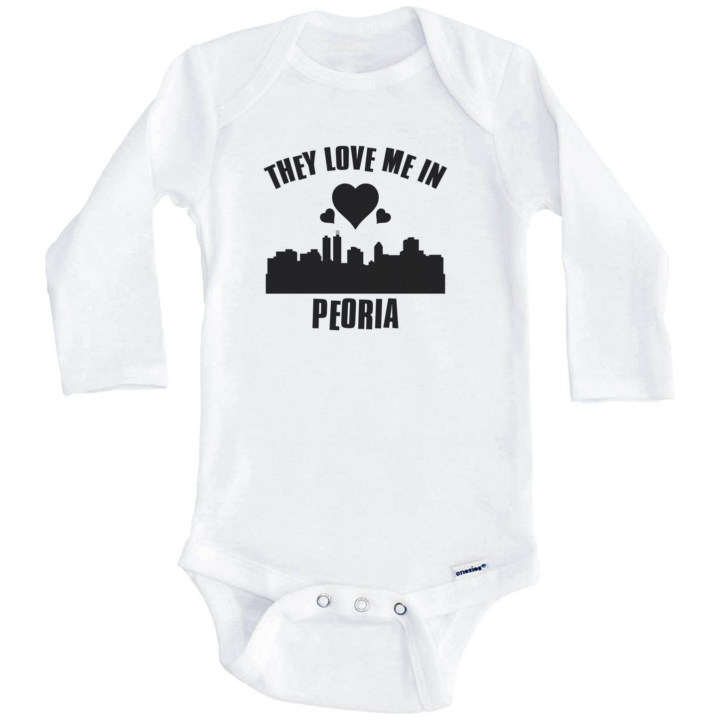 They Love Me In Peoria Illinois Hearts Skyline One Piece Baby Bodysuit (Long Sleeves)