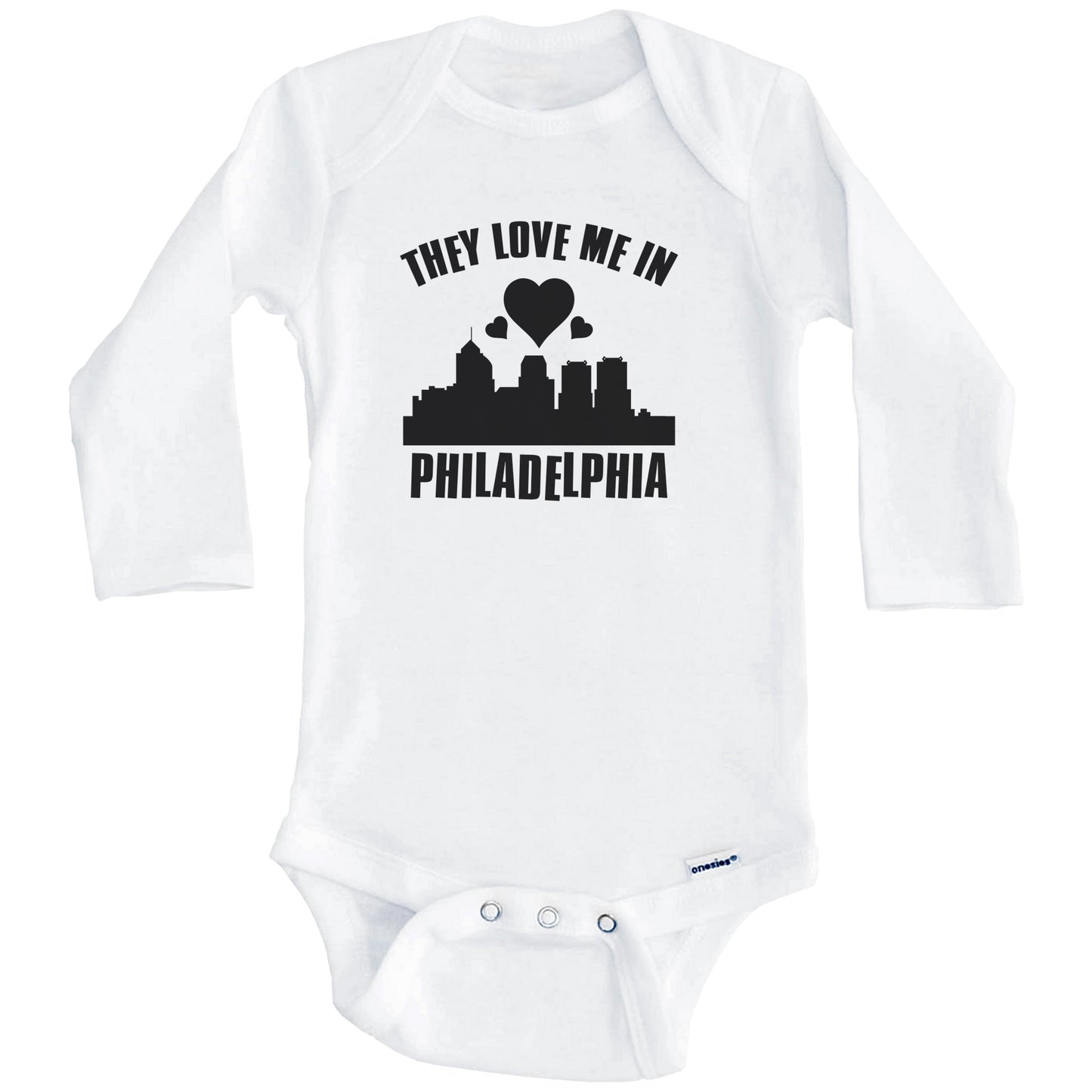 They Love Me In Philadelphia Pennsylvania Hearts Skyline One Piece Baby Bodysuit (Long Sleeves)