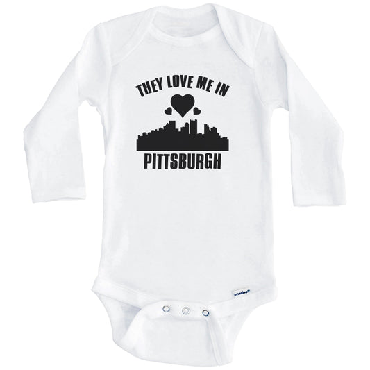 They Love Me In Pittsburgh Pennsylvania Hearts Skyline One Piece Baby Bodysuit (Long Sleeves)