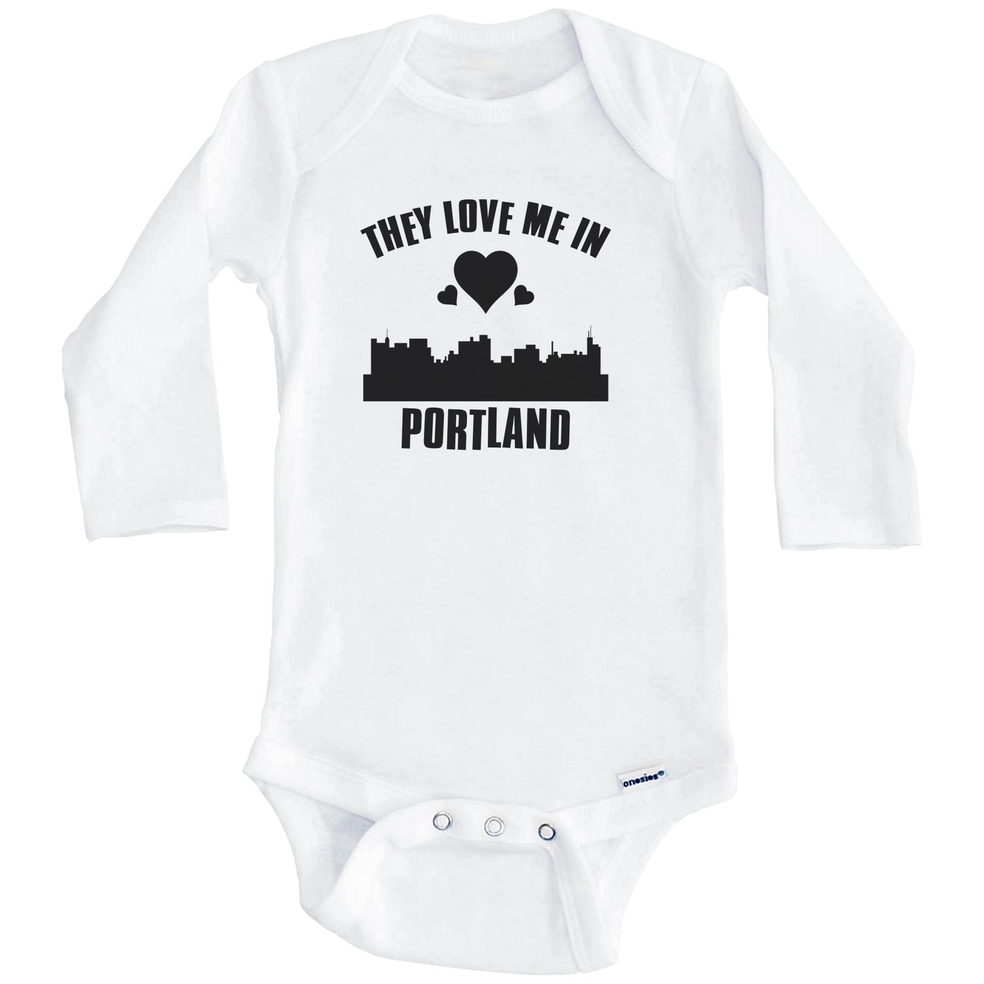 They Love Me In Portland Maine Hearts Skyline One Piece Baby Bodysuit (Long Sleeves)