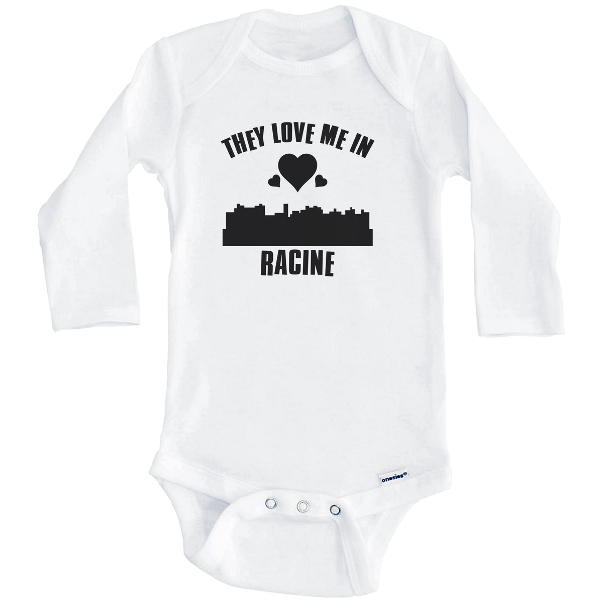 They Love Me In Racine Wisconsin Hearts Skyline One Piece Baby Bodysuit (Long Sleeves)