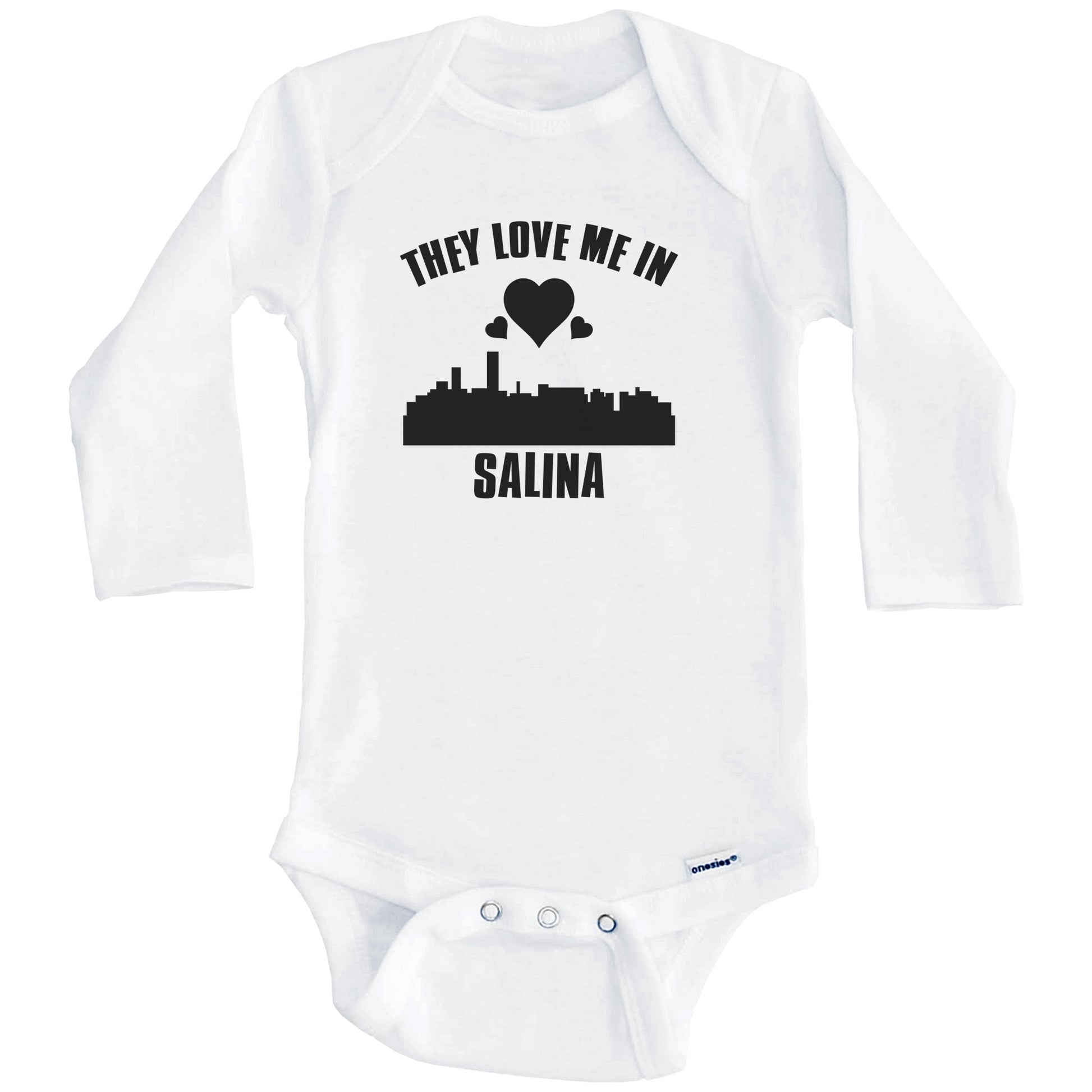 They Love Me In Salina Kansas Hearts Skyline One Piece Baby Bodysuit (Long Sleeves)