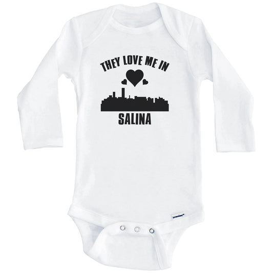 They Love Me In Salina Kansas Hearts Skyline One Piece Baby Bodysuit (Long Sleeves)