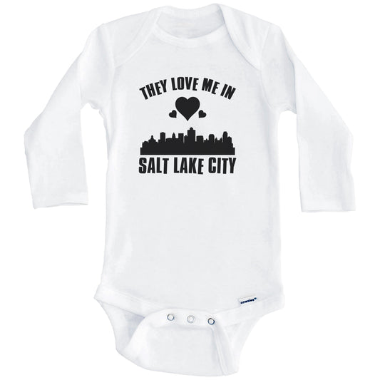 They Love Me In Salt Lake City Utah Hearts Skyline One Piece Baby Bodysuit (Long Sleeves)