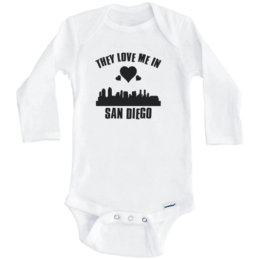 They Love Me In San Diego California Hearts Skyline One Piece Baby Bodysuit (Long Sleeves)