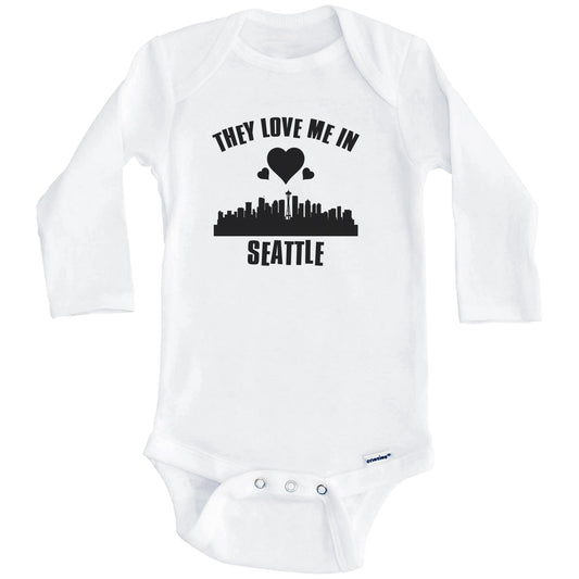 They Love Me In Seattle Washington Hearts Skyline One Piece Baby Bodysuit (Long Sleeves)