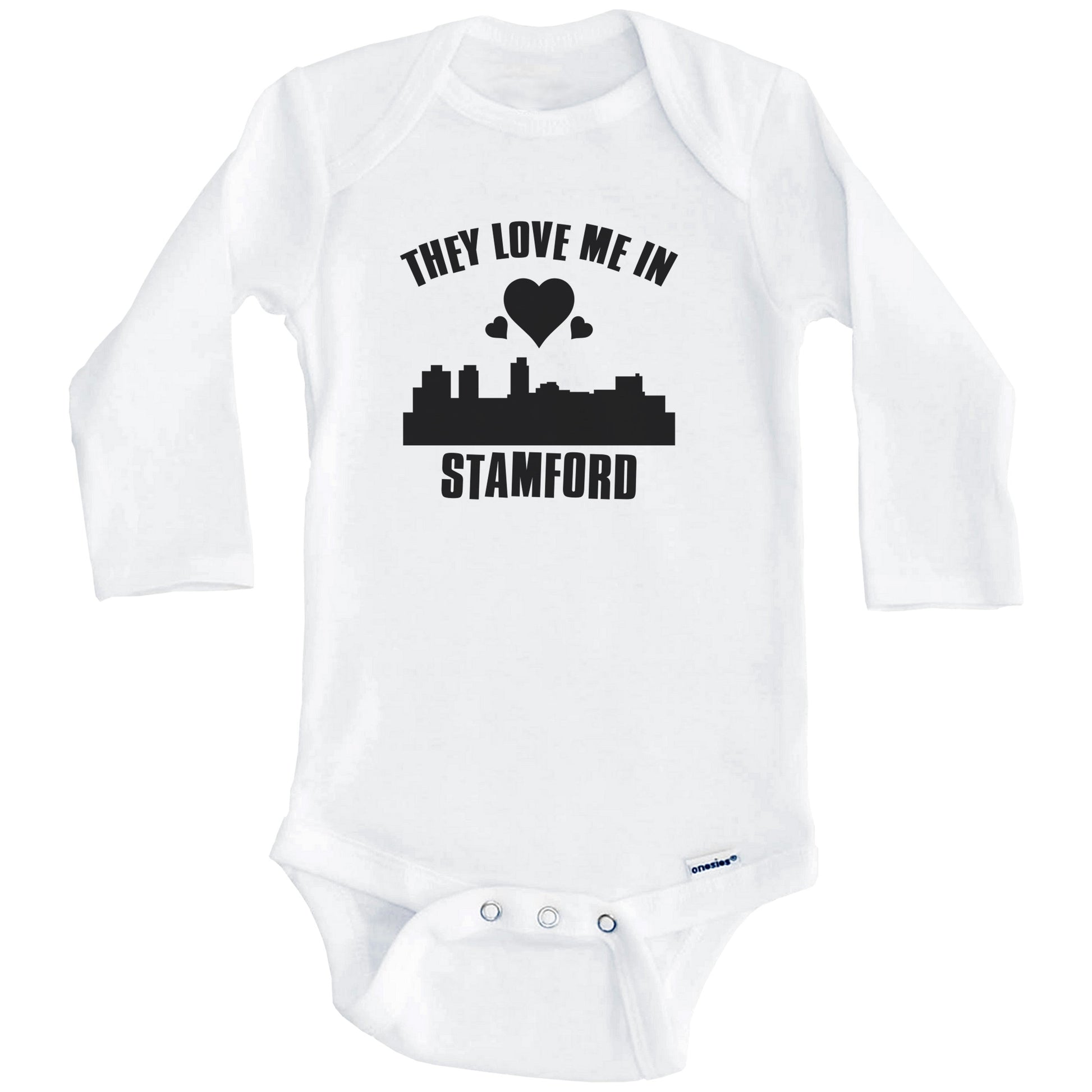 They Love Me In Stamford Connecticut Hearts Skyline One Piece Baby Bodysuit (Long Sleeves)
