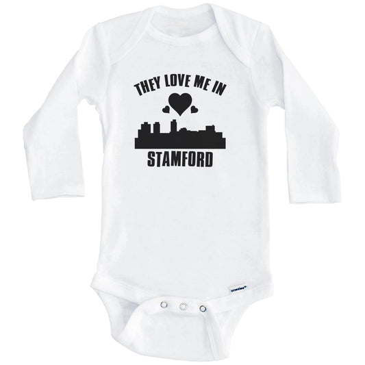 They Love Me In Stamford Connecticut Hearts Skyline One Piece Baby Bodysuit (Long Sleeves)