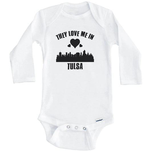 They Love Me In Tulsa Oklahoma Hearts Skyline One Piece Baby Bodysuit (Long Sleeves)