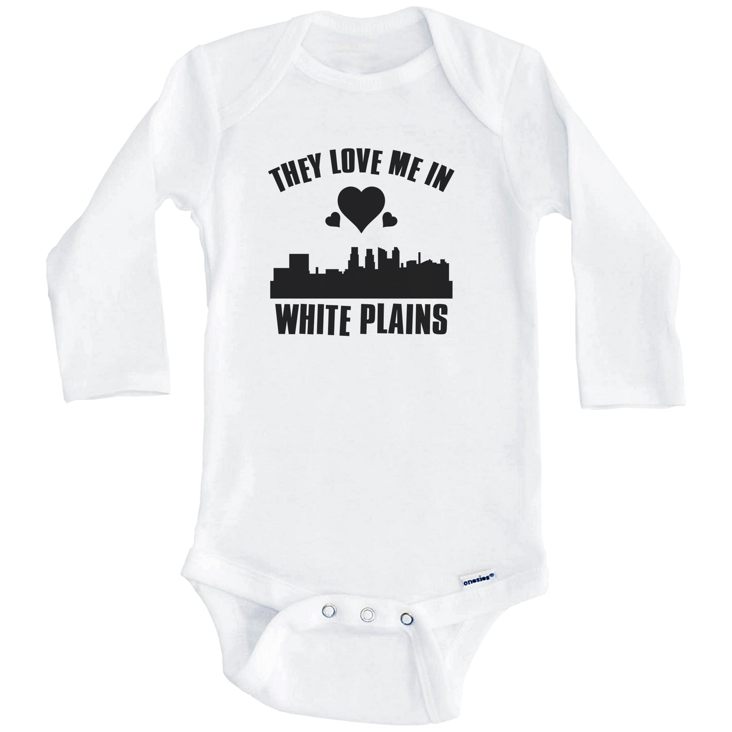 They Love Me In White Plains New York Hearts Skyline One Piece Baby Bodysuit (Long Sleeves)