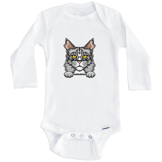 Maine Coon Cat Popping Up Fun Maine Coon Kitten Baby Bodysuit (Long Sleeves)