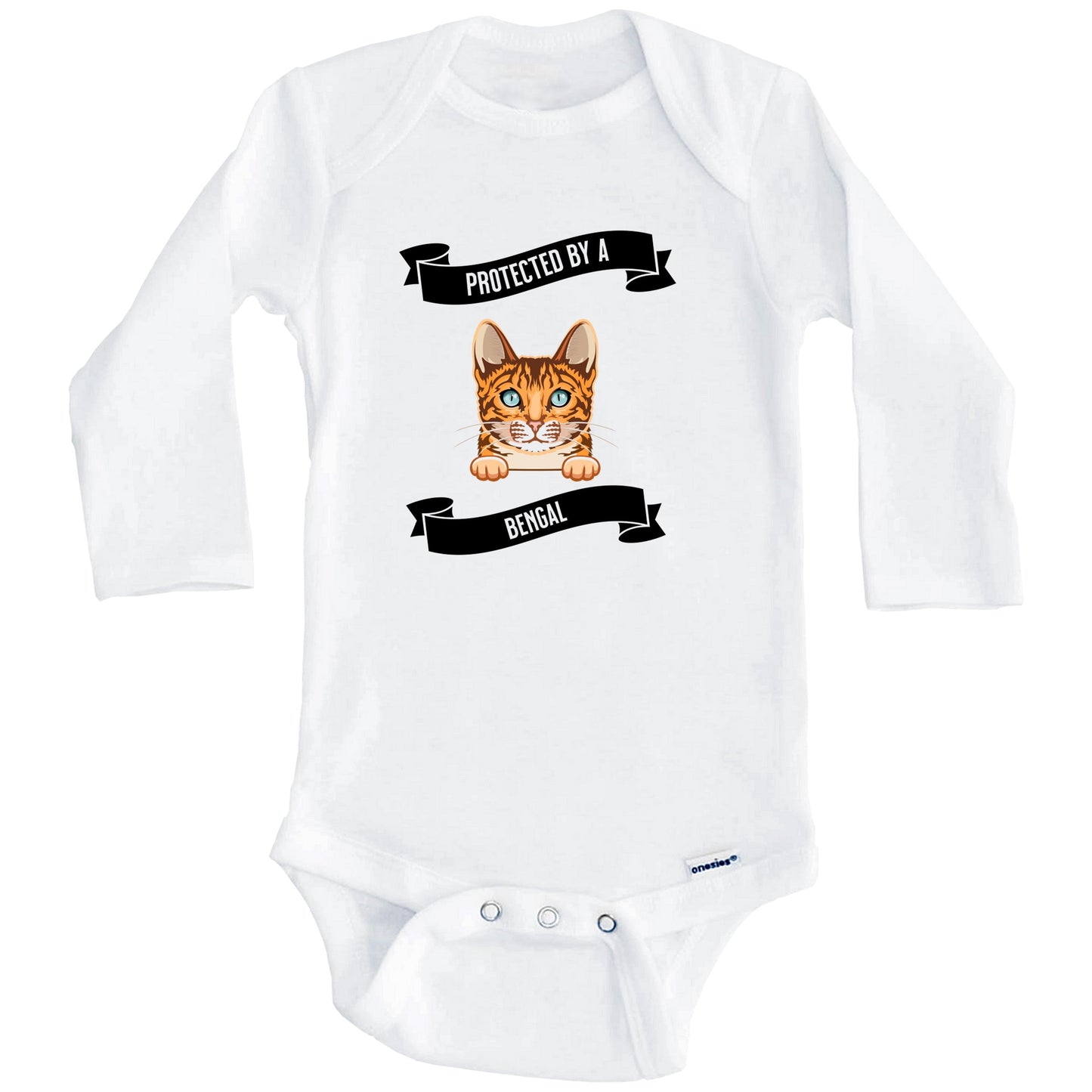 Protected By A Bengal Cat Cute Kitten Baby Bodysuit (Long Sleeves)