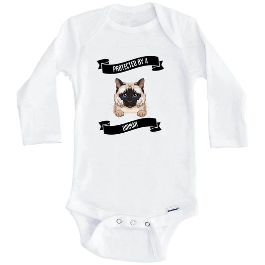 Protected By A Birman Cat Cute Kitten Baby Bodysuit (Long Sleeves)
