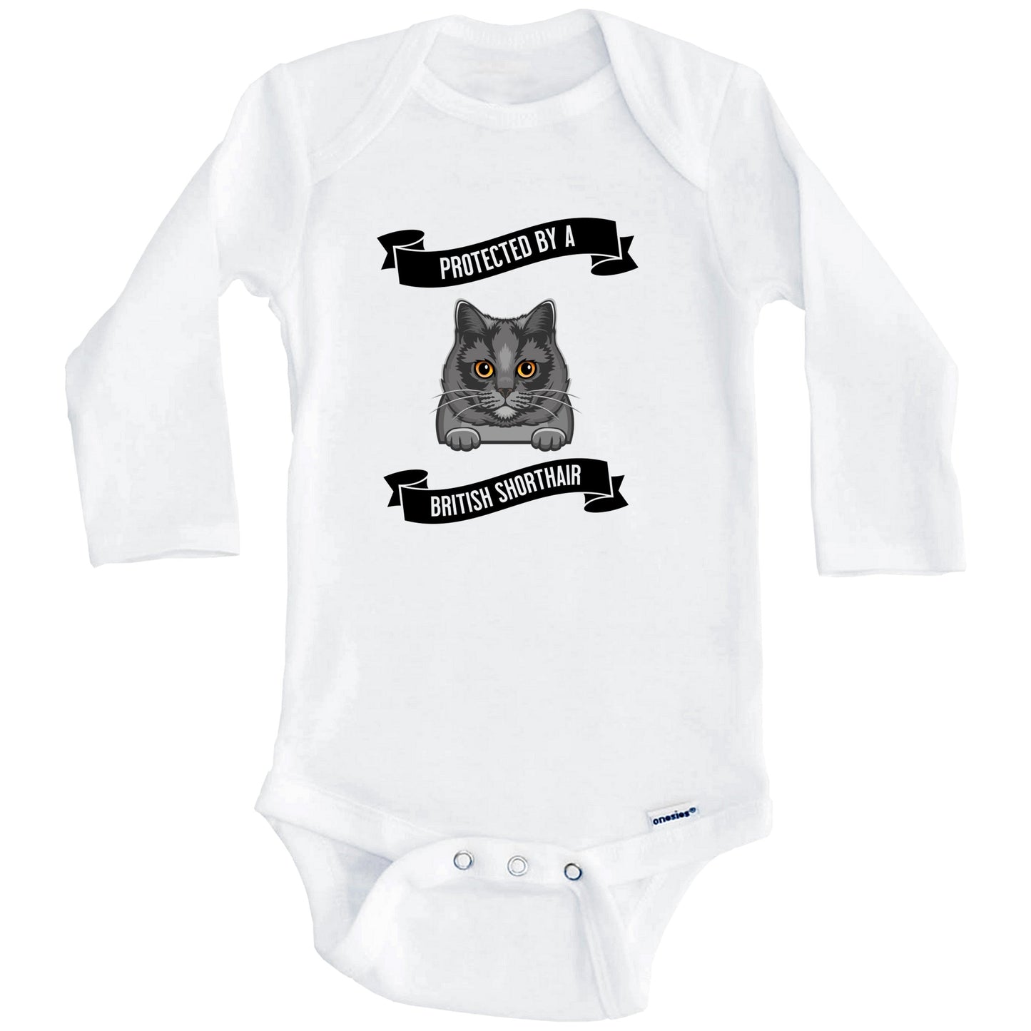 Protected By A British Shorthair Cat Cute Kitten Baby Bodysuit (Long Sleeves)