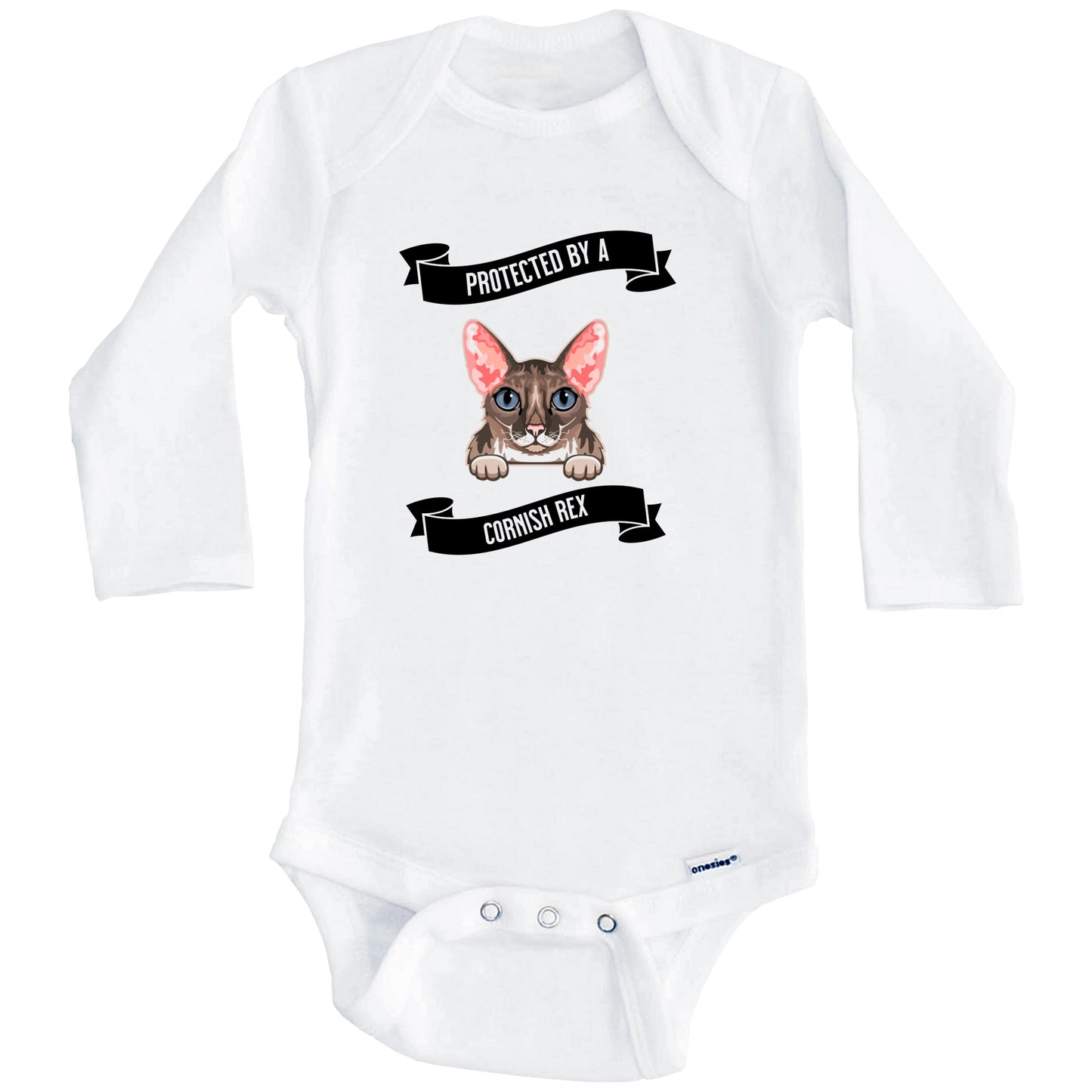 Protected By A Cornish Rex Cat Cute Kitten Baby Bodysuit (Long Sleeves)