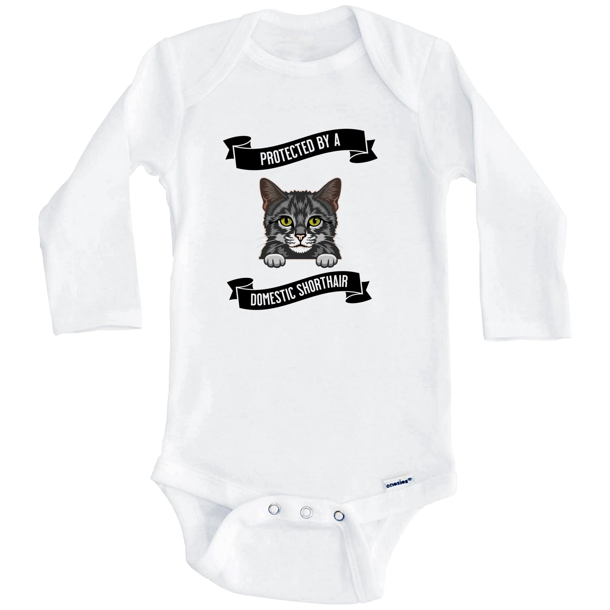 Protected By A Domestic Shorthair Cat Cute Kitten Baby Bodysuit (Long Sleeves)