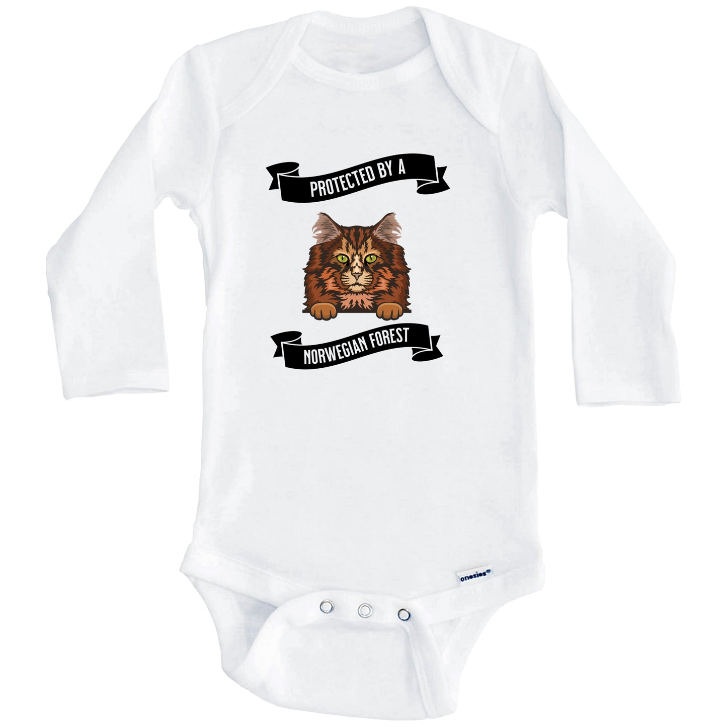 Protected By A Norwegian Forest Cat Cute Kitten Baby Bodysuit (Long Sleeves)