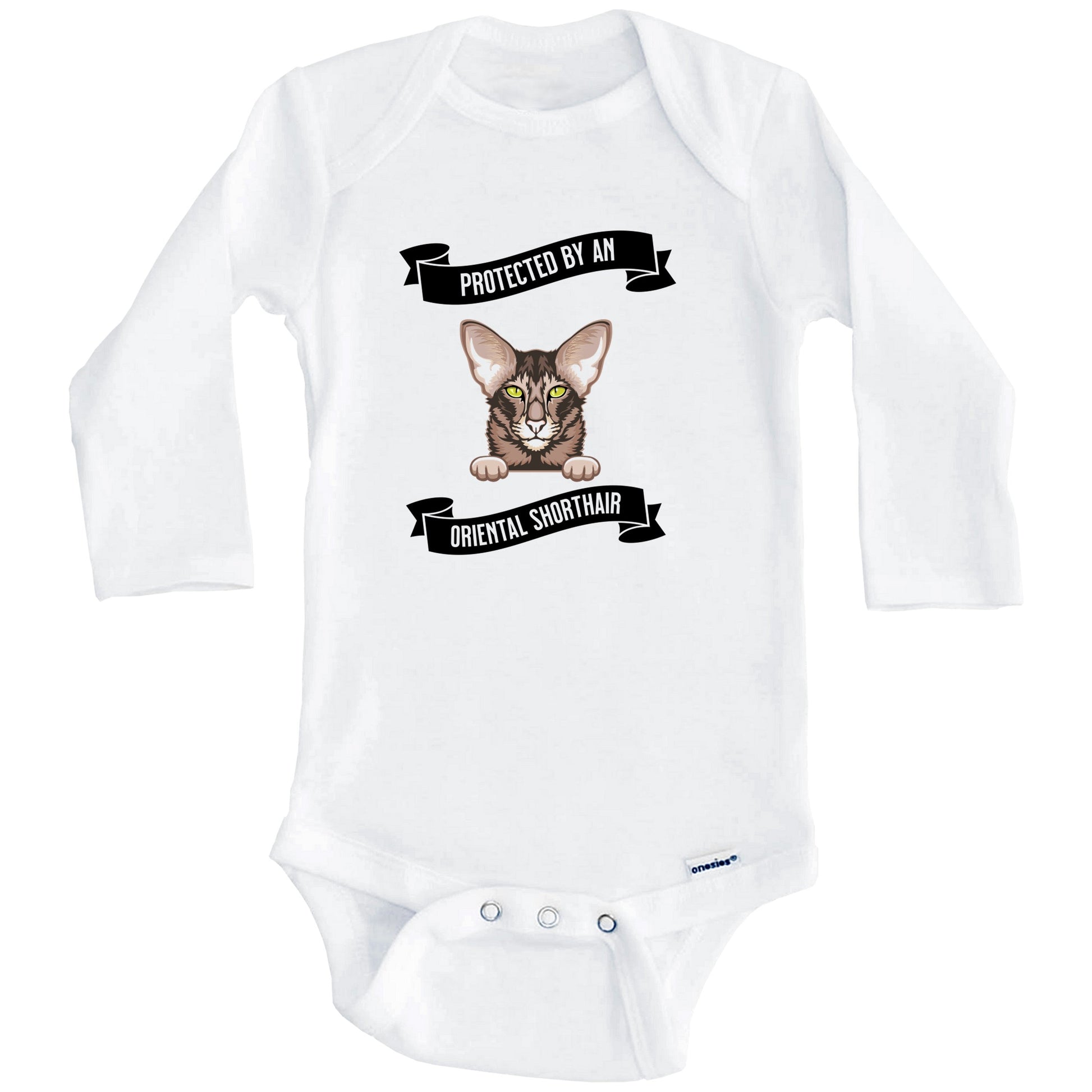 Protected By An Oriental Shorthair Cat Cute Kitten Baby Bodysuit (Long Sleeves)