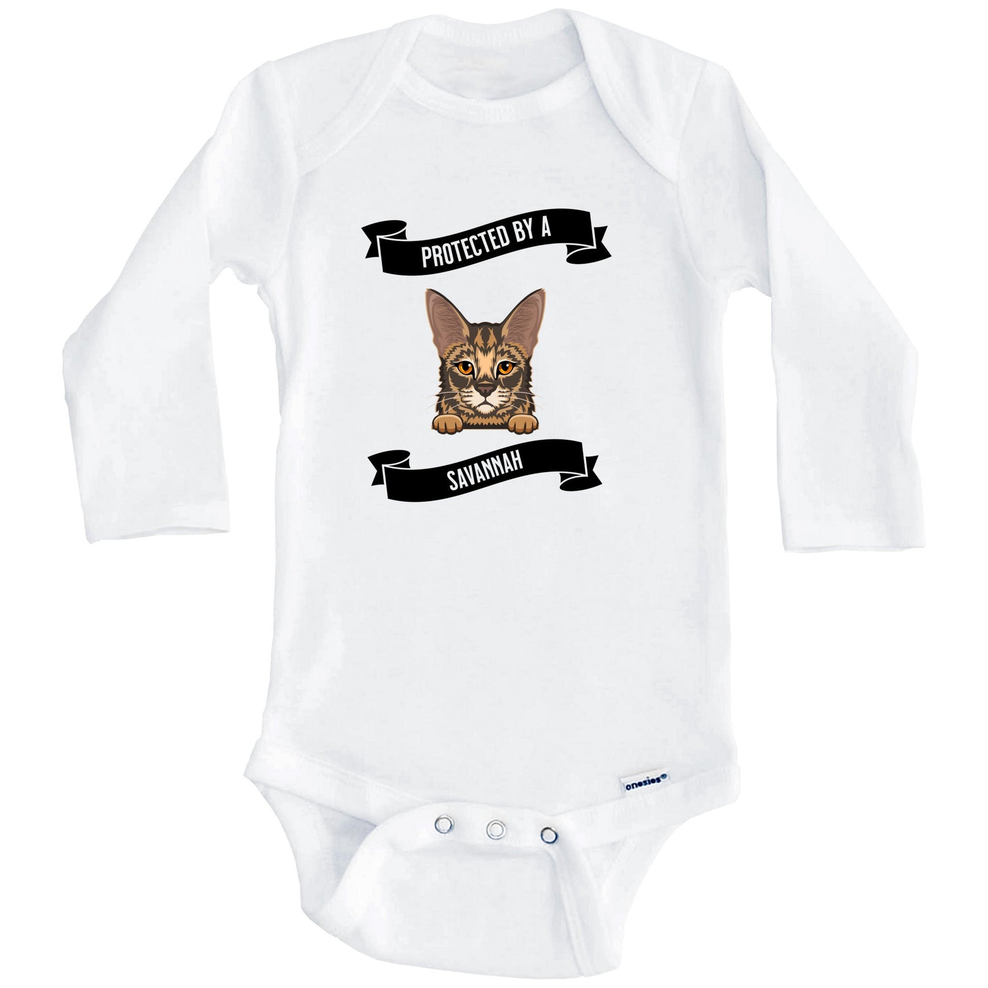 Protected By A Savannah Cat Cute Kitten Baby Bodysuit (Long Sleeves)