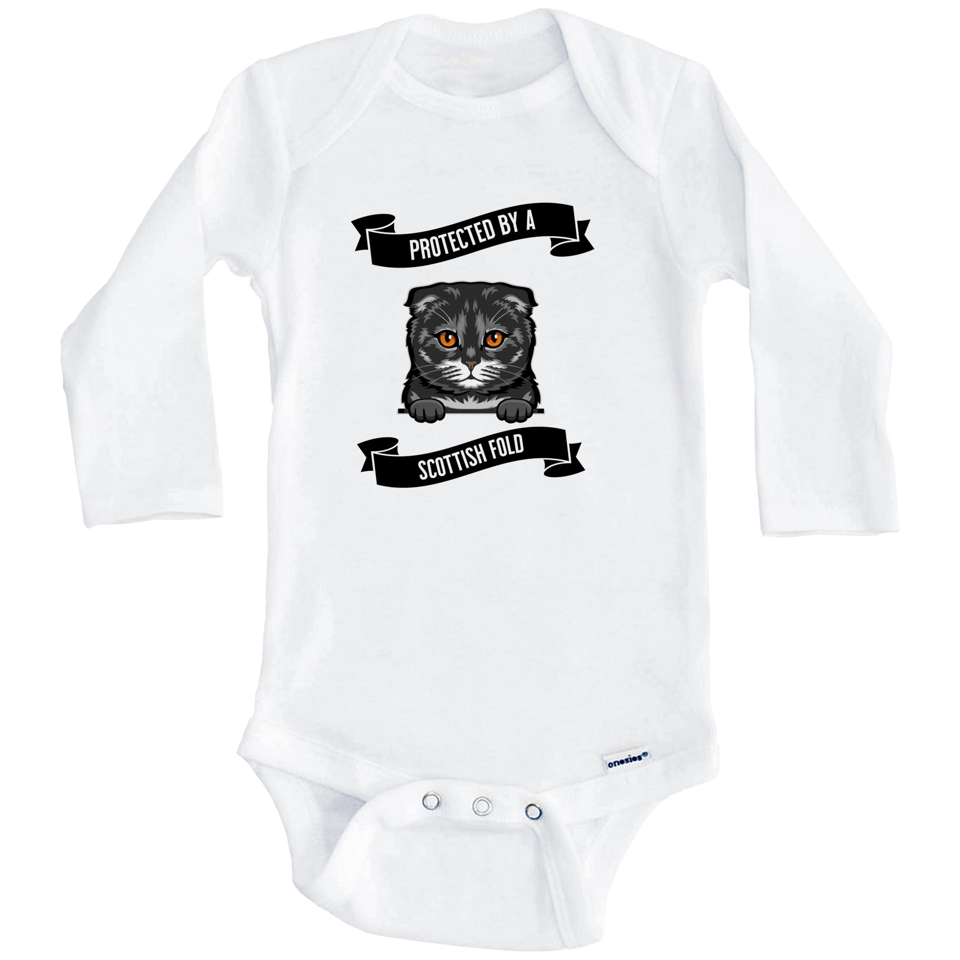 Protected By A Scottish Fold Cat Cute Kitten Baby Bodysuit (Long Sleeves)
