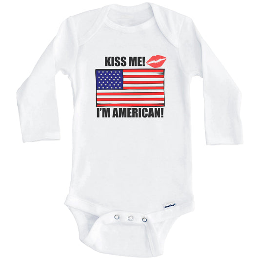 Kiss Me I'm American Cute USA Flag Baby Onesie (Long Sleeves)