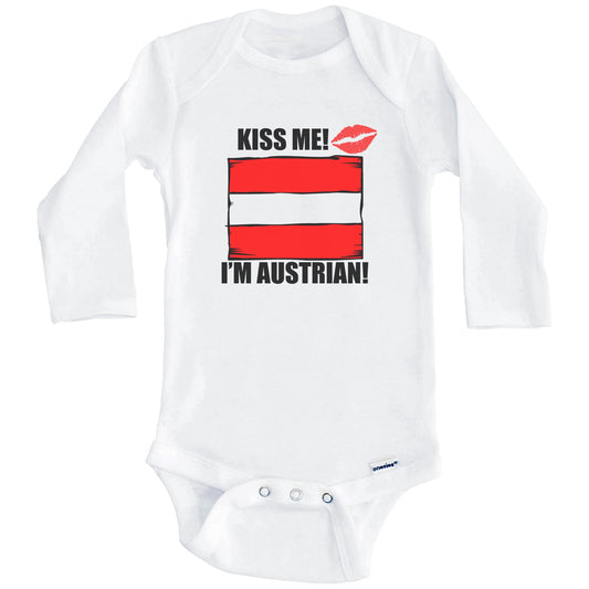 Kiss Me I'm Austrian Cute Austria Flag Baby Onesie (Long Sleeves)