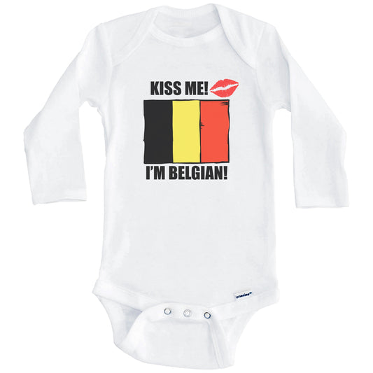 Kiss Me I'm Belgian Cute Belgium Flag Baby Onesie (Long Sleeves)