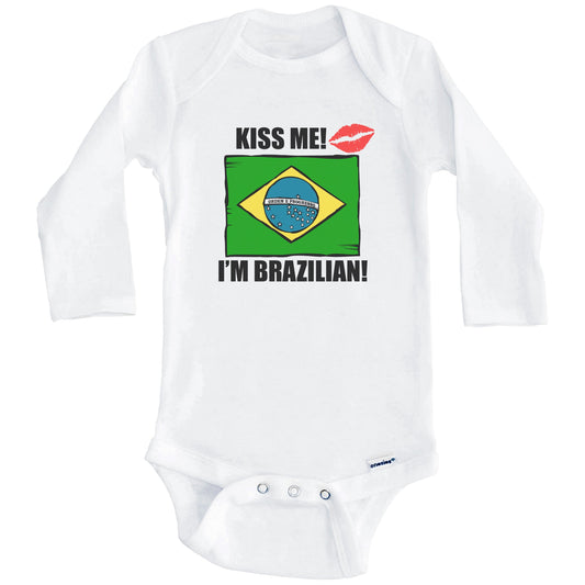 Kiss Me I'm Brazilian Cute Brazil Flag Baby Onesie (Long Sleeves)