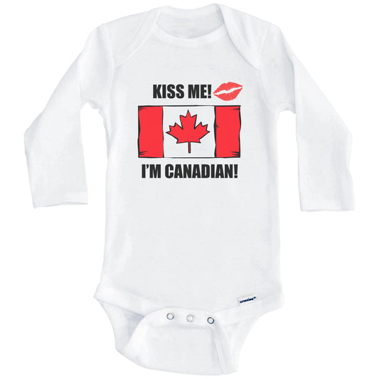 Kiss Me I'm Canadian Cute Canada Flag Baby Onesie (Long Sleeves)