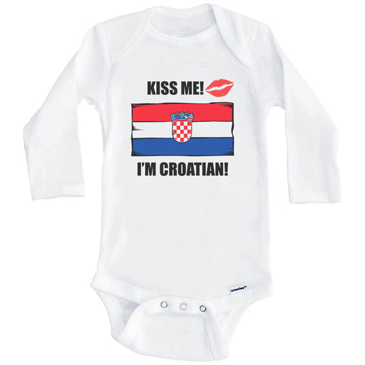 Kiss Me I'm Croatian Cute Croatia Flag Baby Onesie (Long Sleeves)