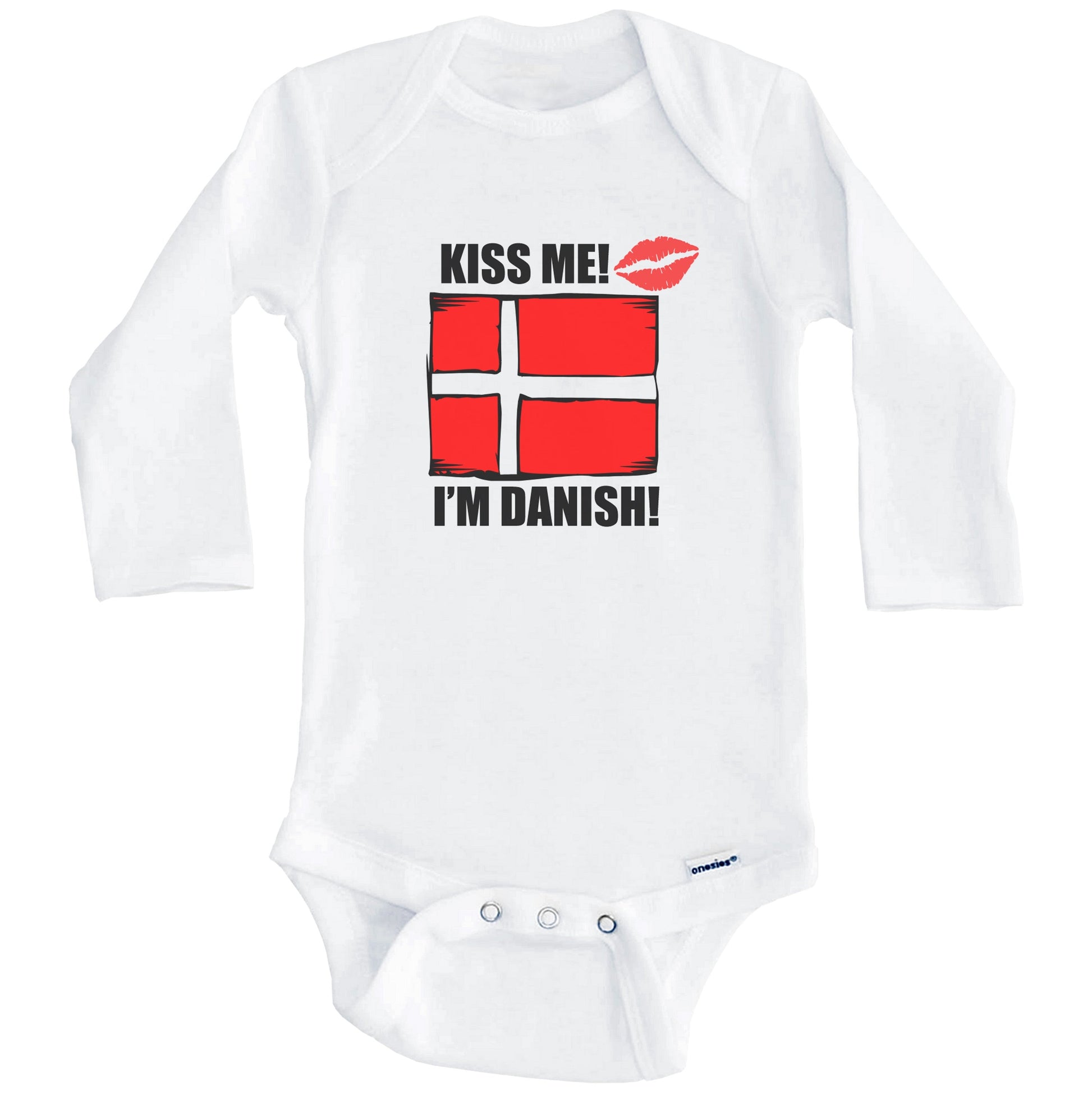 Kiss Me I'm Danish Cute Denmark Flag Baby Onesie (Long Sleeves)