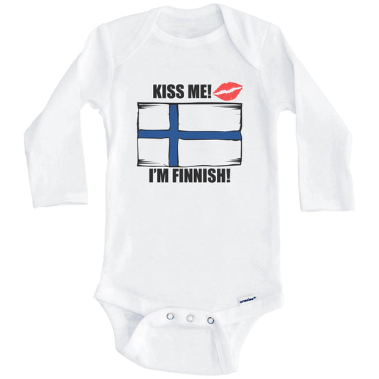 Kiss Me I'm Finnish Cute Finland Flag Baby Onesie (Long Sleeves)