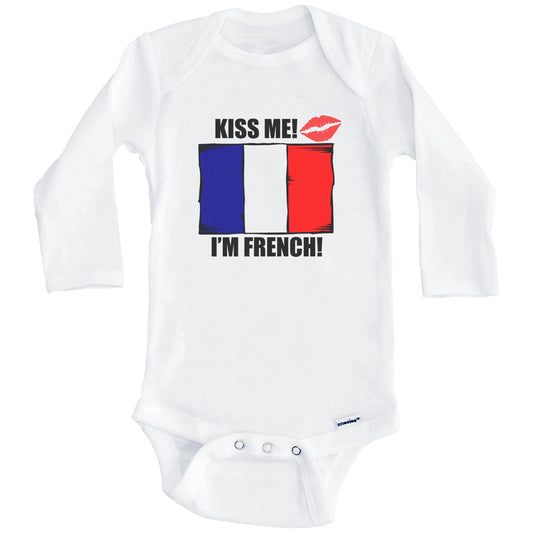 Kiss Me I'm French Cute France Flag Baby Onesie (Long Sleeves)
