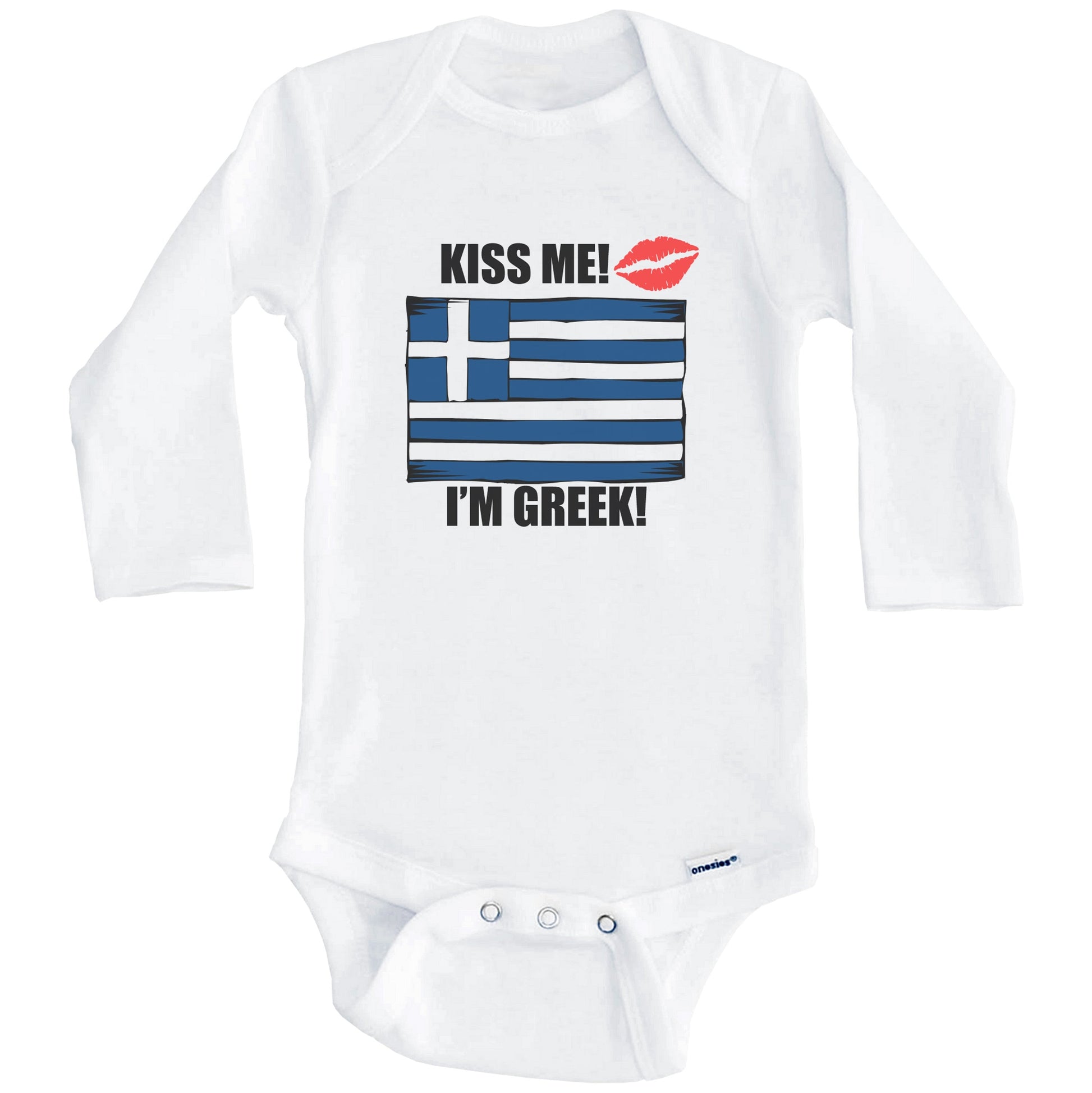 Kiss Me I'm Greek Cute Greece Flag Baby Onesie (Long Sleeves)