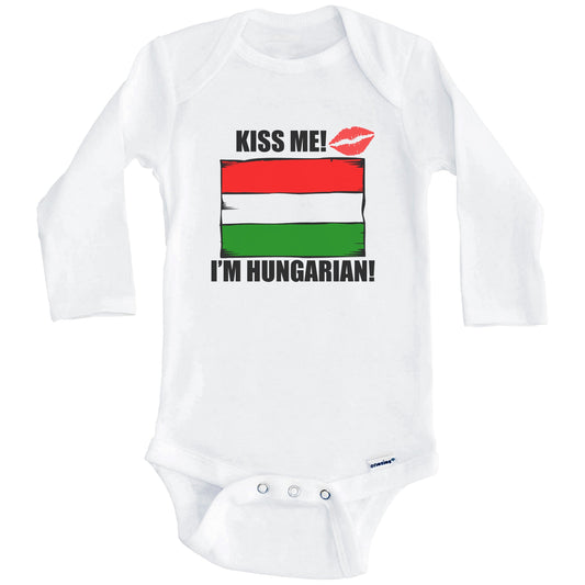 Kiss Me I'm Hungarian Cute Hungary Flag Baby Onesie (Long Sleeves)