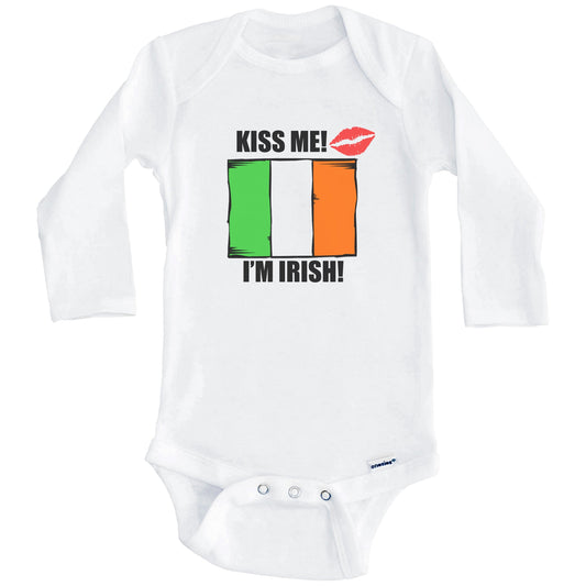 Kiss Me I'm Irish Cute Ireland Flag Baby Onesie (Long Sleeves)