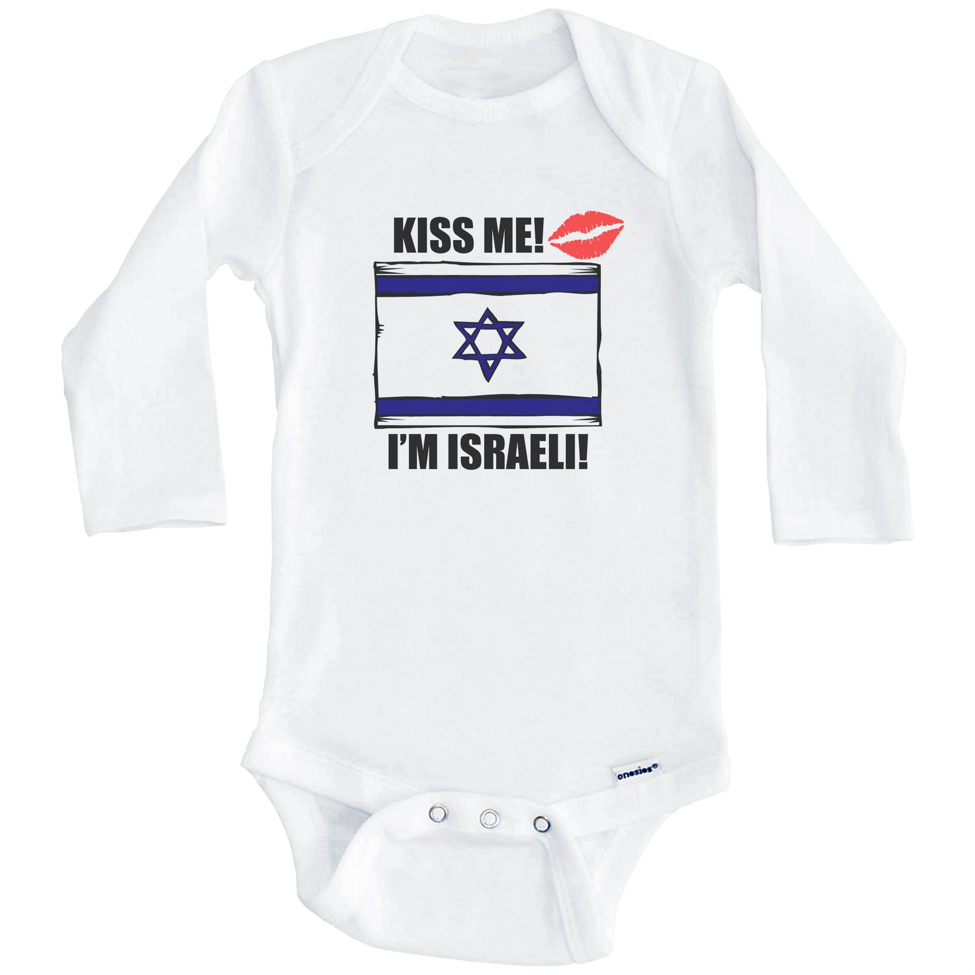 Kiss Me I'm Israeli Cute Israel Flag Baby Onesie (Long Sleeves)