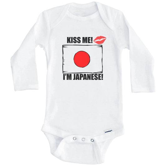 Kiss Me I'm Japanese Cute Japan Flag Baby Onesie (Long Sleeves)