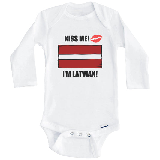 Kiss Me I'm Latvian Cute Latvia Flag Baby Onesie (Long Sleeves)
