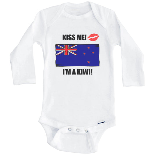 Kiss Me I'm A Kiwi Cute New Zealand Flag Baby Onesie (Long Sleeves)